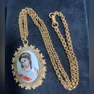 Antique Porcelain Hand Painted Victorian Lady Pendant Necklace Faux Pearl Frame